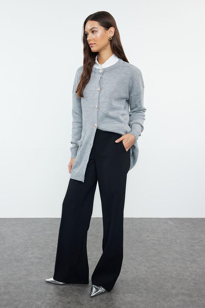 Women's Fashionable Stylish Hijab Cardigan Gray Melange Knitwear Cardigan with Pockets and Button Detail