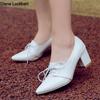 Fashion 2025 HOT Women Shoes Pointed Toe Pumps Leather Lace-up Female Square High Heels Zapatos Mujer Plus Size 31-45 Black White Pink