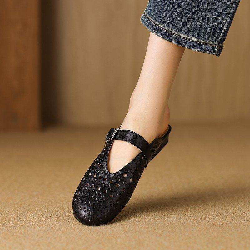 Krazing Pot Sheepskin Summer Size 40 Low Heels Women Round Toe Hollow Decoration Summer Shallow Sandals