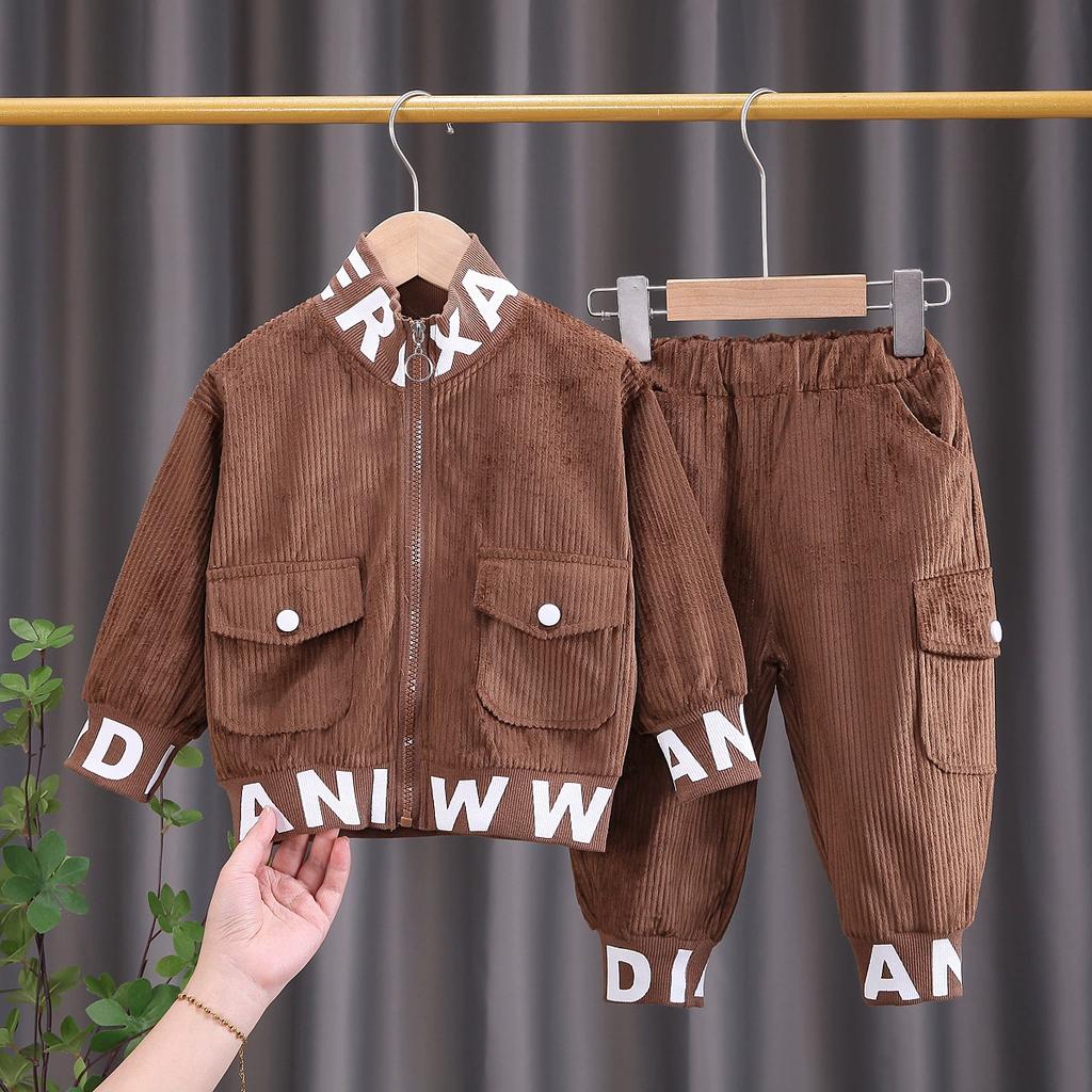 Children's Clothing Handsome Boys Spring Corduroy Zipper Long-sleeved Leisure Sports Two-piece Spring and Autumn Suit
