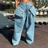 Fashion High Waist Big Pocket Design Wide Leg Pants Loose Small Slim Jeans Women