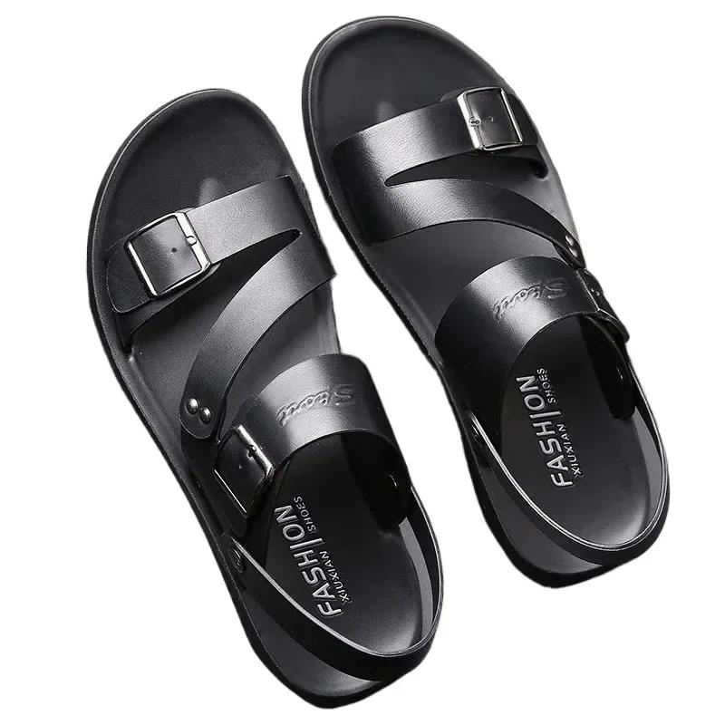 Men's Sandals Solid Color Open Toe Mens Leather Sandals 2024 New Slippers Beach for Male Leather Footwear