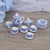 15Pcs 1:12 Dollhouse Miniature Blue Flower Tableware Porcelain Coffee Tea Cups