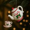 Christmas Teapot Ornament Holly Vintage Tea Cups And Pot Set Xmas Tree Hanging Ornaments 2D Acrylic Teapot Decor with Pouring Tea Effect