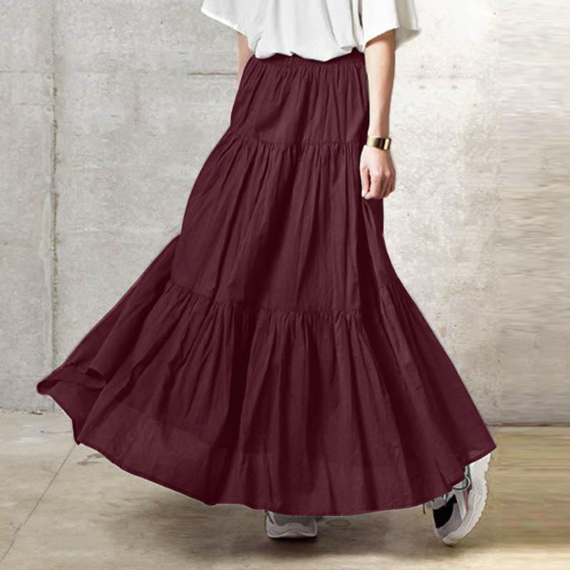 Women Cotton A-line Skirts Summer Loose Casual Elastic Waist Long Skirts