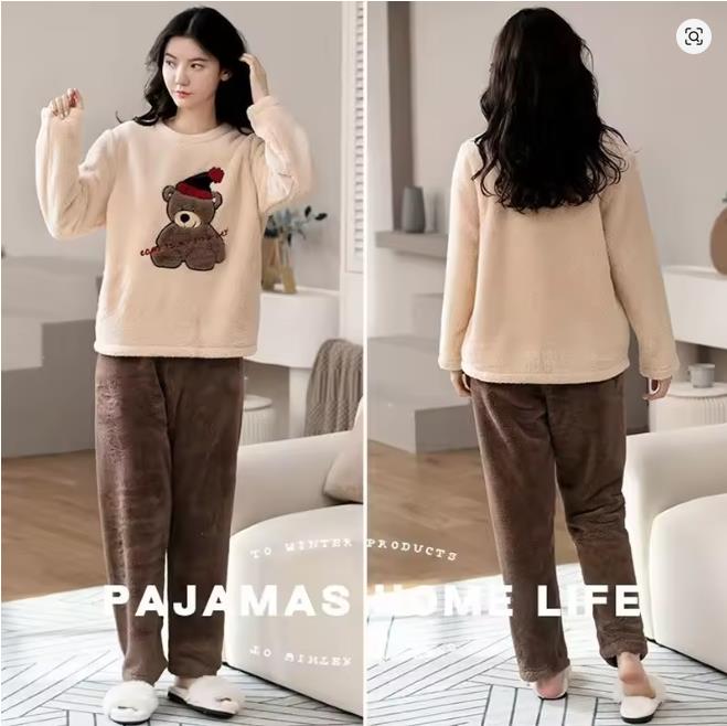 Warm Sleepwear for Winterthickened Warm Flannel Pajamas Student Long Sleeve Cartoon Ladies Loungewear Setpajamas Woman Offer