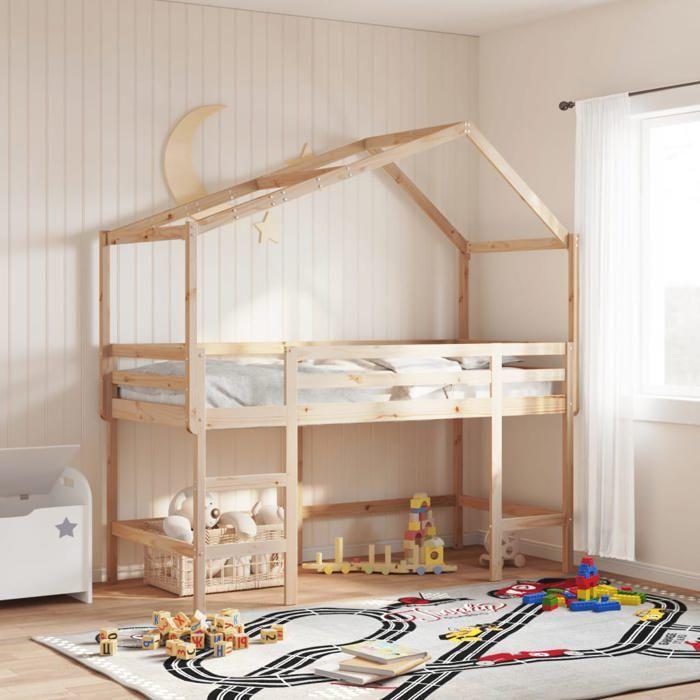 VidaXL Bunk Bed with Ladder and Roof 80x200 Cm Solid Pine Wood, Mid Sleeper, Loft Bed with Ladder, Bed 3282072