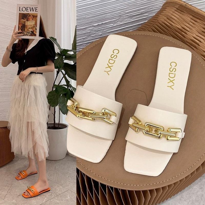 Fashion New Chain Women Slippers Summer Flat Outdoor Luxury Square Toe Design Sandals Women Slides New Korean Trend Plus Size 35-42