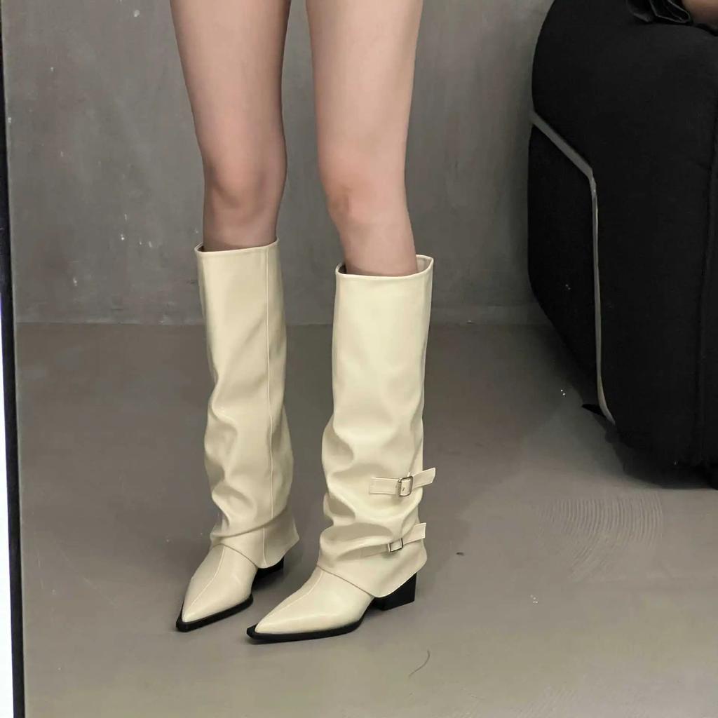Woman Pointed Knee Belt Buckle High Boots Women Autumn Winter Fashion Chunky Heel Thigh-high Boots Trend Leather Chelsea Botas