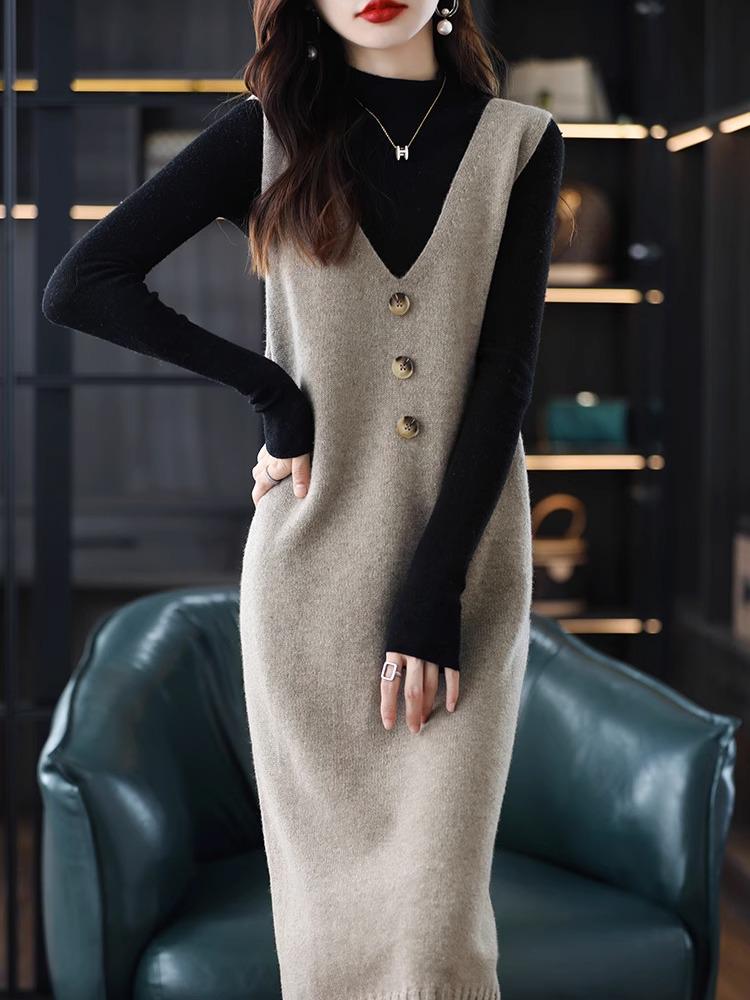 Women's Sleeveless Mid-Length Knitted Vest Dress for Spring and Autumn 2024