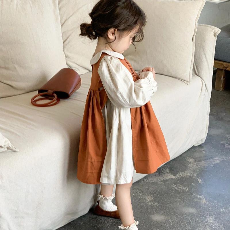Girl Princess Dress 2023 Spring Autumn New Korean Kids Orange and Beige Retro Cotton Linen Embroidered Dresses Two Piece Set