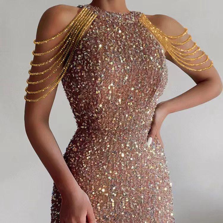 2025 Spring/Summer Crystal Chain Halter Neck Sequin Evening Dress