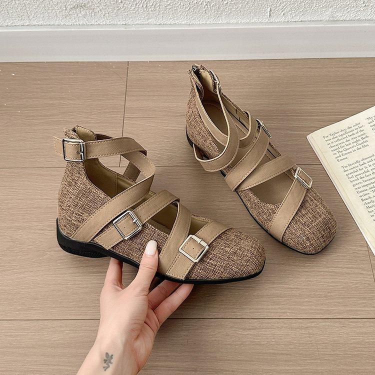 Amano Retro Cross Heightening Ballet Shoes Women's 2025 New Square Head Flats Sandals Mary Jane Single Shoes
