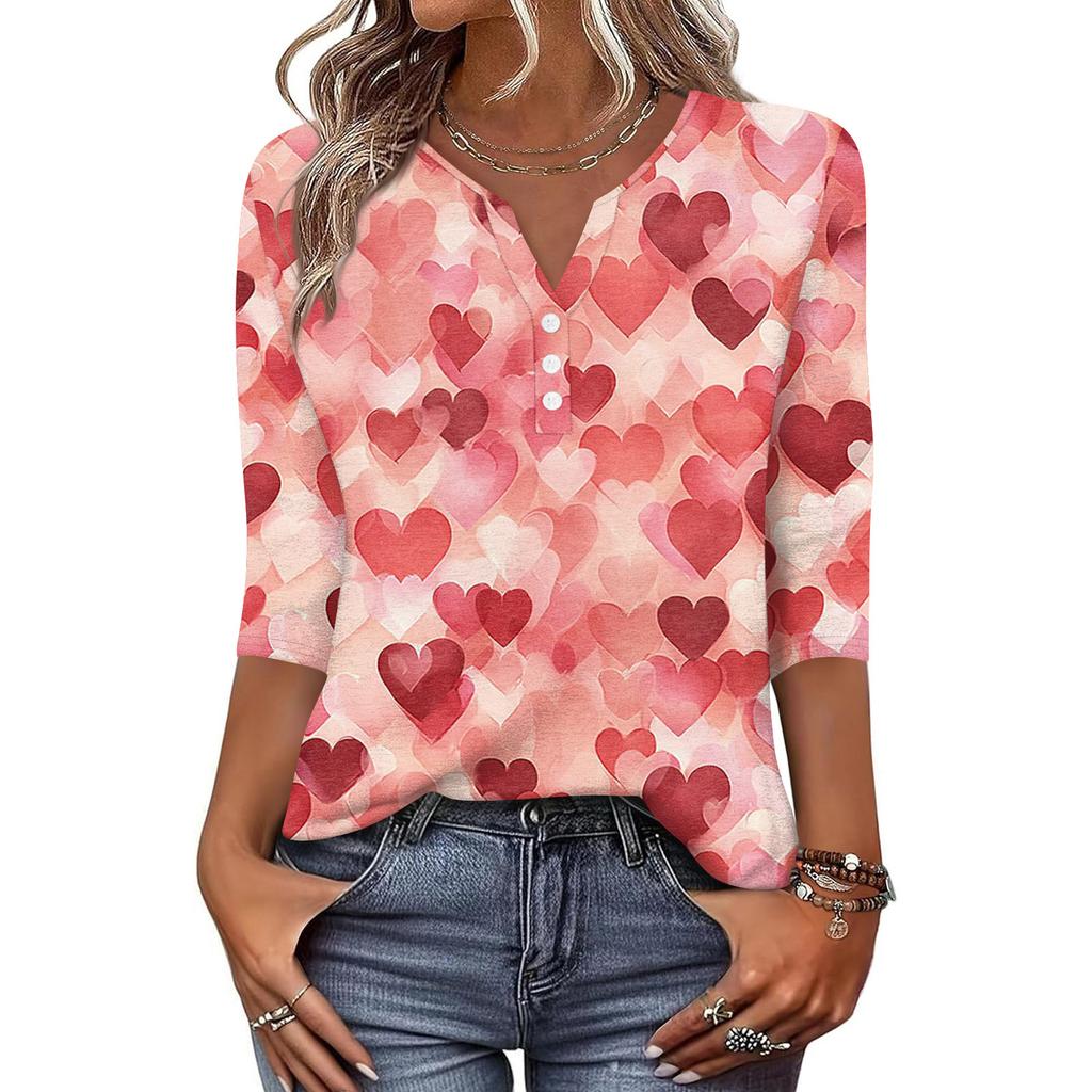 Жен. Футболка С принтом Пуговицы Рукав 3/4 Повседневные Выходные Мода Классический Классический V-образный вырез Обычный Верх