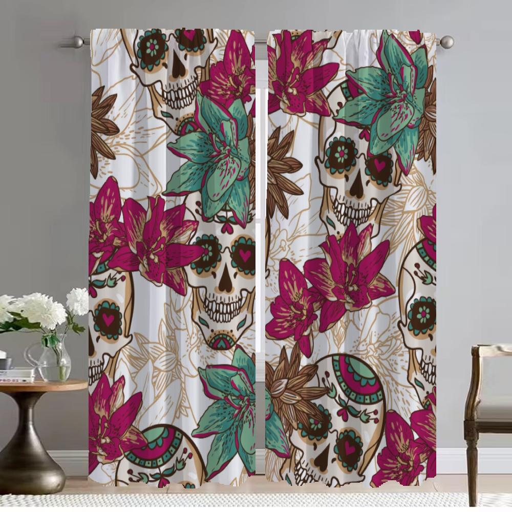 Window Curtain for Room 2 Panel Flower Skull Curtains for Bedroom Halloween Decoration Partition Home Interior Curtains Living