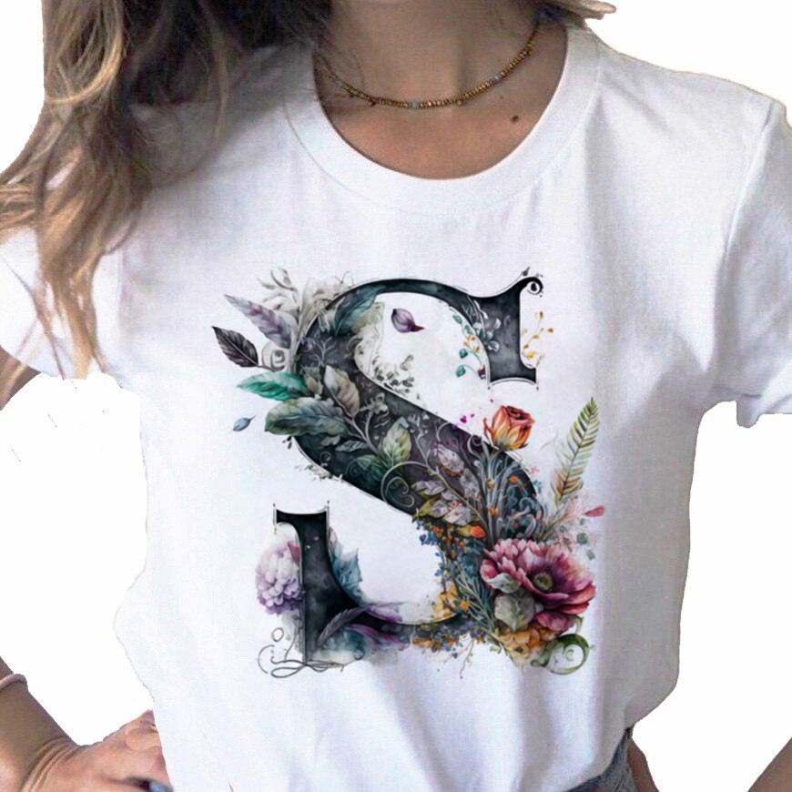 New Women T Shirt Custom Name Letter Combination Print Tshirt Flower Letter Font A B C D E F G Short Sleeve Female Tees Tops