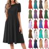 Ladies' Casual And Fashionable Round Neck Short Sleeve Solid Color Mid Length Dress