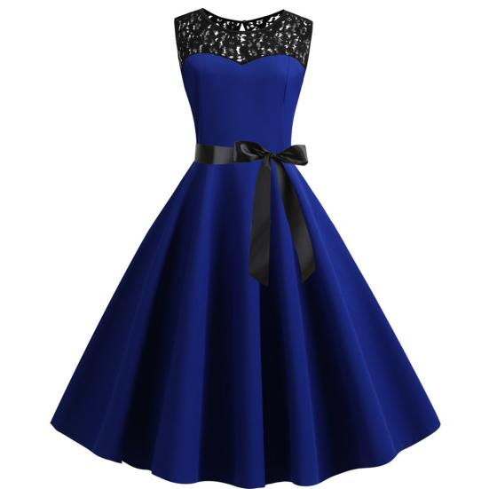 Lady Petticoats Plus Size O-Neck Sleeveless See-through Lace Stitching Ribbon Bowknot Gown Dress A-Line Skater Large Hem Midi Princess Dress