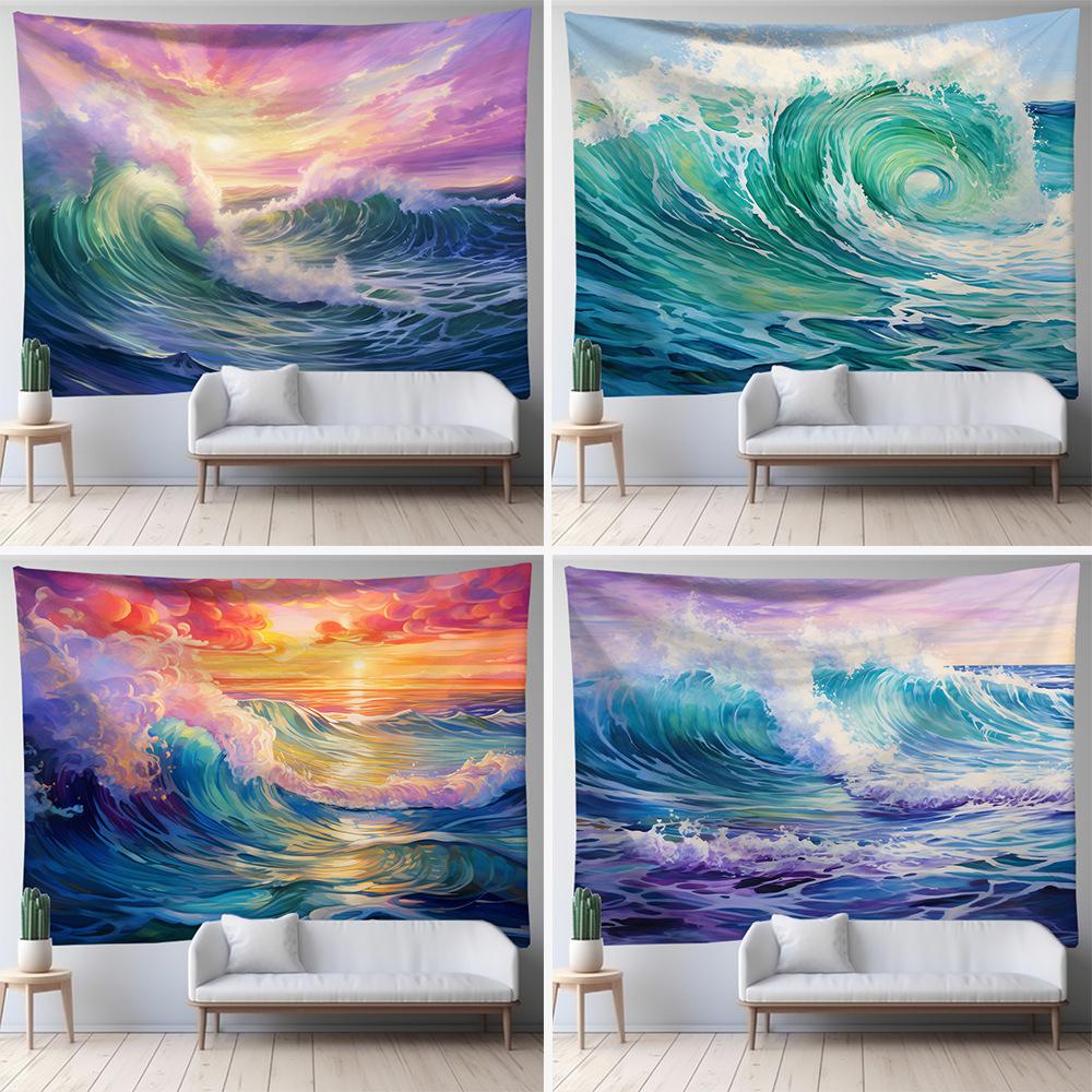 Seascape Beach Waves Tapestry Landscape Wall Hanging Beach Tapestry Polyester Fabric for Tablecloth Blanket Decor