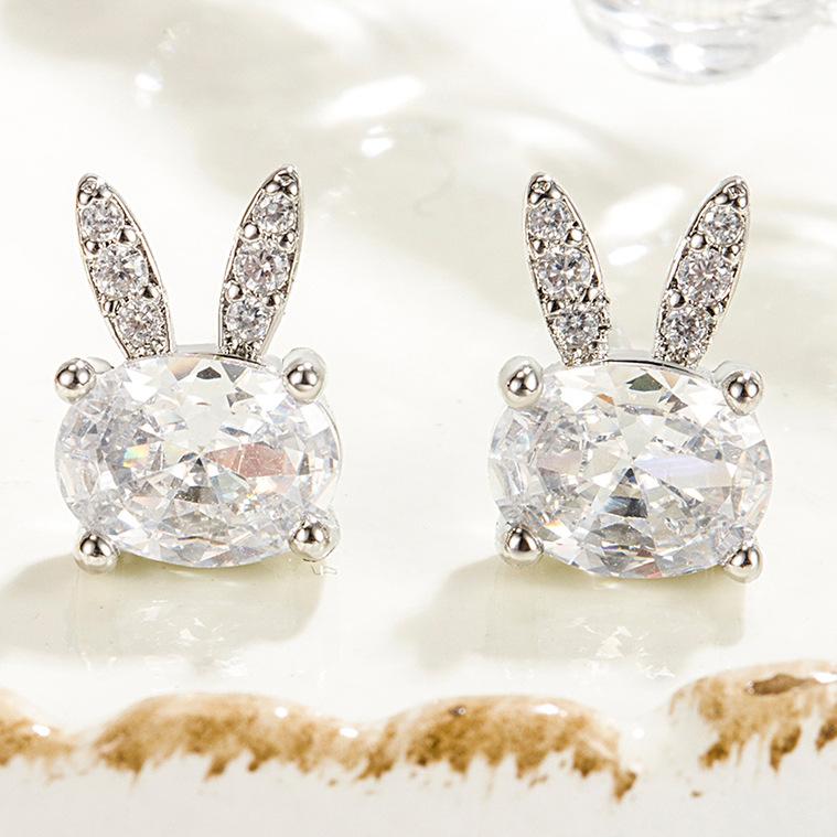 Cute Bunny Ear Studs Temperament Entry Lux Niche Zircon Earrings Eardrops New Exquisite Rabbit Small Female