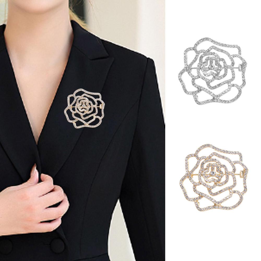 Korean Style Suit Collar Pin Full Rhinestone Rhinestone Brooch Hollow Camellia Brooch Decoration