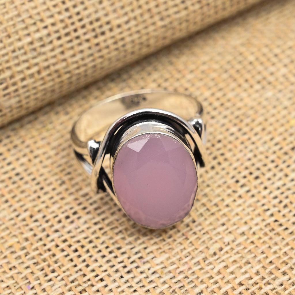 Faceted Pink Chalcedony Gemstone 925 Sterling Silver Handmade Jewelry Ring Gift