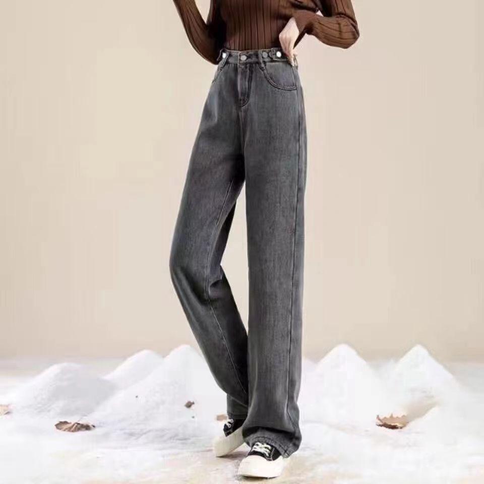 Straight Leg Plush Lined Washed Blue Zipper Button Denim Pants Winter Women's Denim Jeans