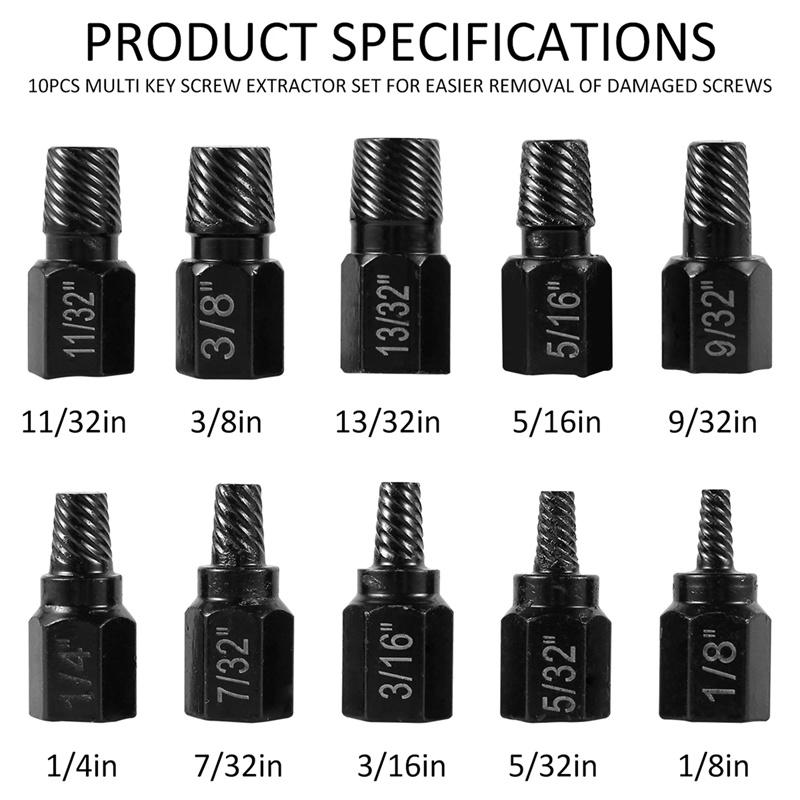 10Pcs Screw and Bolt Extractor Drill Bit Set Steel Multi-Spline Damaged Screw Extractor Broken Bolt Stud Remover Tools