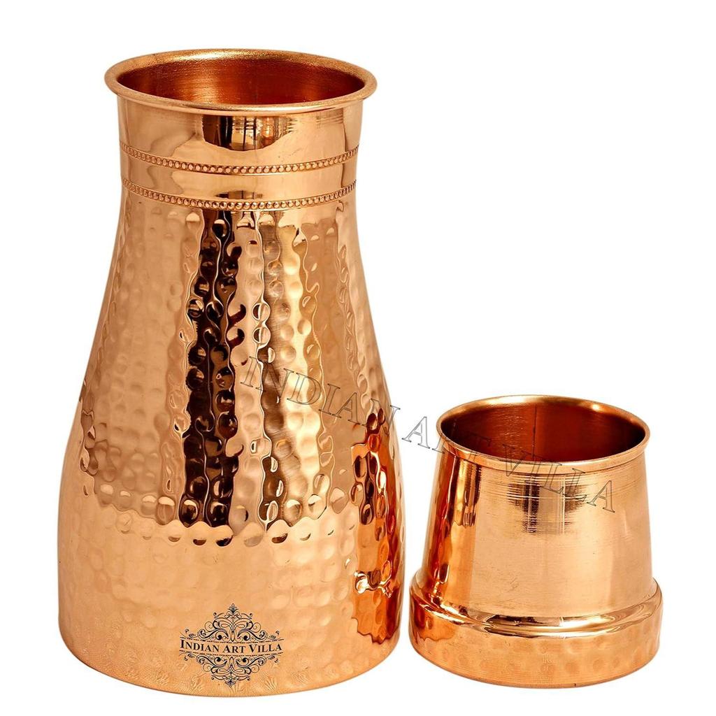 Pure Copper Bedroom Water Bottle with Inbuilt Glass, Hammered Shine Design, Drinkware and Storage Purpose, 1000 Ml (Pack of 1)