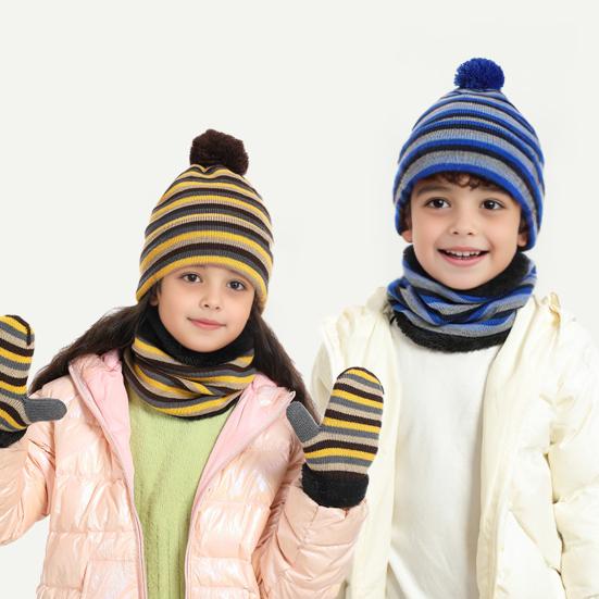 Набор из 3 предметов: детская шапка, шарф, перчатки, полосатый принт, веревка против потери, теплая, дышащая, комбинированный набор шапка-шарф-перчатки, зимняя экипировка