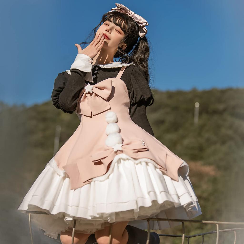 [Milky Time] Набор из 3 предметов: Платье Лолиты, Юбка-сарафан и Бретелька с подплечником с Блузкой (Розовый x Черный)