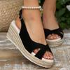 Fashion Black Suede Cross Straps Platform Wedge Heels Sandals Women Vintage Peep Toe Shoes Women Comfortable Light Weight Daily Sandals