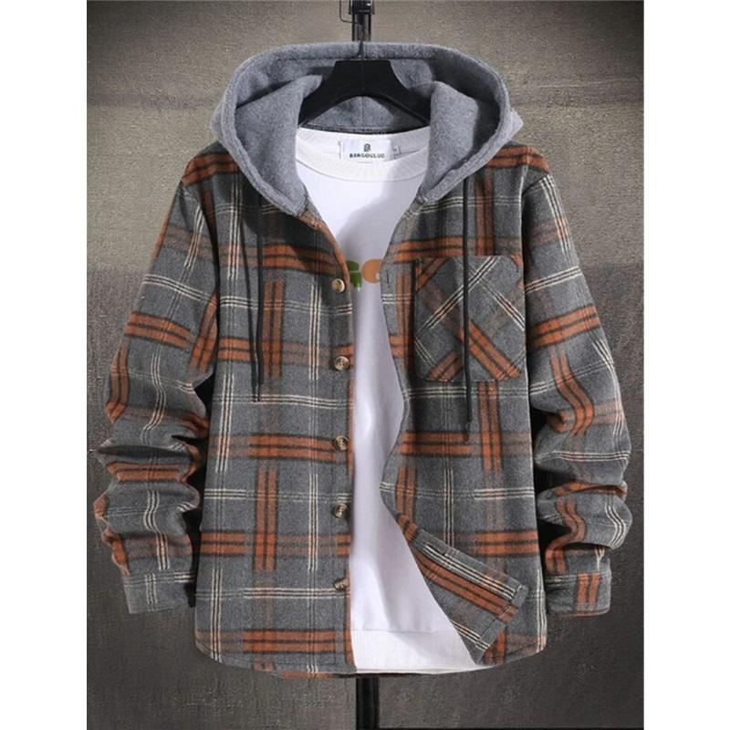 Men's Plaid Long Sleeve Hooded Jacket, Warm Fashion Casual Fall Coat