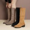 Fashion Pointed Toe Pleated Boots Women Black Nude Faux Suede Flock Knee High Boots Ladies Low Chunky Heel Cowboy Boots Plus Size 2024