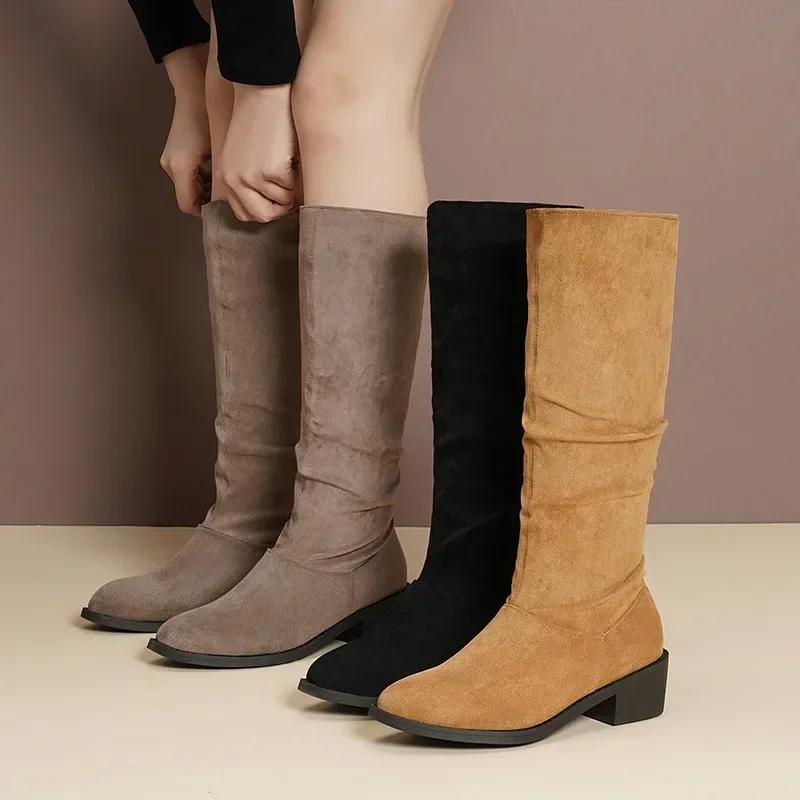 Fashion Pointed Toe Pleated Boots Women Black Nude Faux Suede Flock Knee High Boots Ladies Low Chunky Heel Cowboy Boots Plus Size 2024