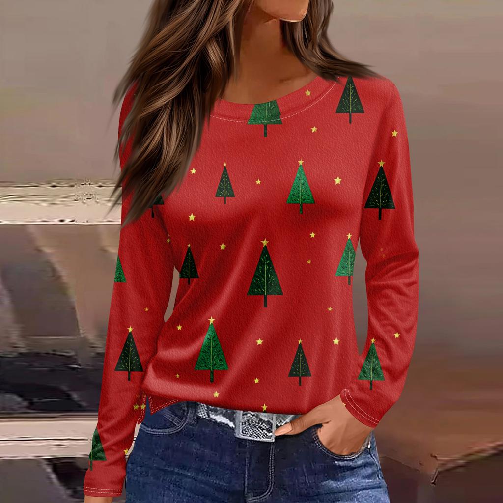 Women's Fashion Hem Slit Casual Christmas Printed Round Neck Long Sleeve Top