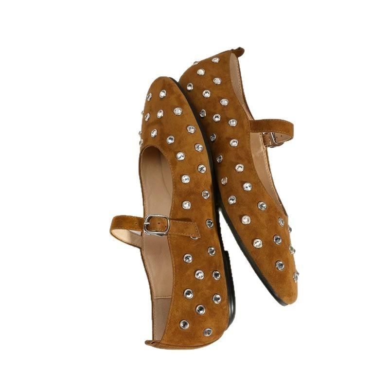 Great To Wear Retro Flat Ballet Single Shoes Women's Square Head Fashion Rivets Rhinestones Word Belt Mary Jane Shoes