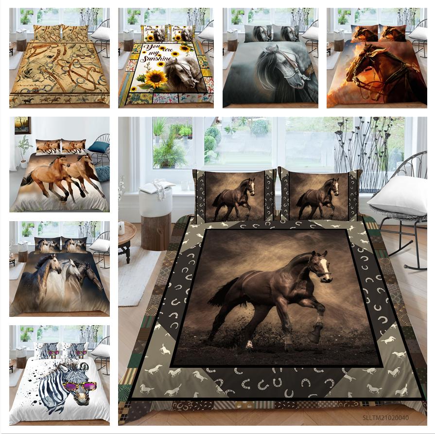 3D Horse Pattern Bedding Single Double Bed Full Size Animal Print Pillowcase and Quilt Cover Microfiber Washable Home Decoration