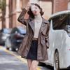 Women's PU Leather Trench Coat with Suit Collar, Double-Breasted, Mid-Length, Waist-Slimming for Spring/Autumn - Model YG82936.