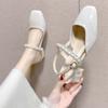 Women's Temperament Square Toe Sandals 2024 Summer New Fashion Thick Heel Pearl Decoration Versatile Comfortable Women Shoes