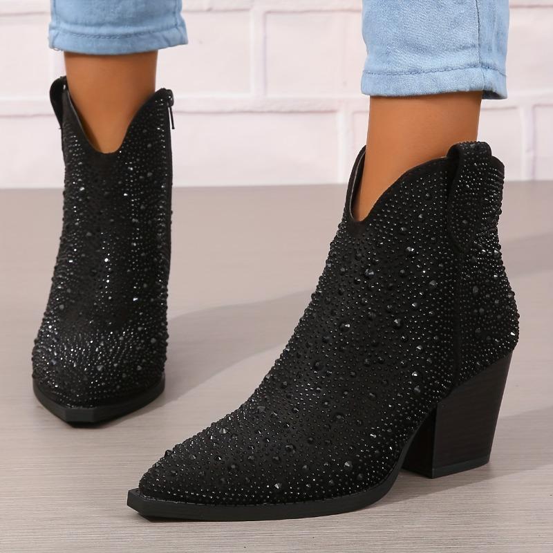 Chunky Heel Women's Ankle Boots | Pointed Toe, Faux Cover, Encrusted Side Zipper, Comfortable Block Heel & Rubber Sole (EU/US 5-11)