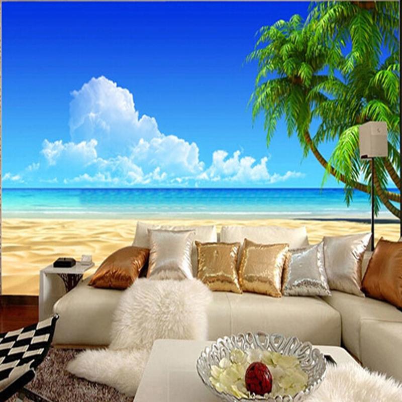Blue Sky Beach Mural  Coconut Palm Landscape Wallpaper Modern Simple Nature Scenery Living Room Wall Murals