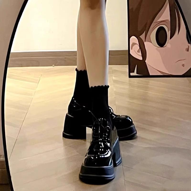 2025 Spring and Autumn Thin Black Platform Small Leather Shoes Women's Heightened Thick Heel Mary Jane Shoes Muffin High Heel Loafers
