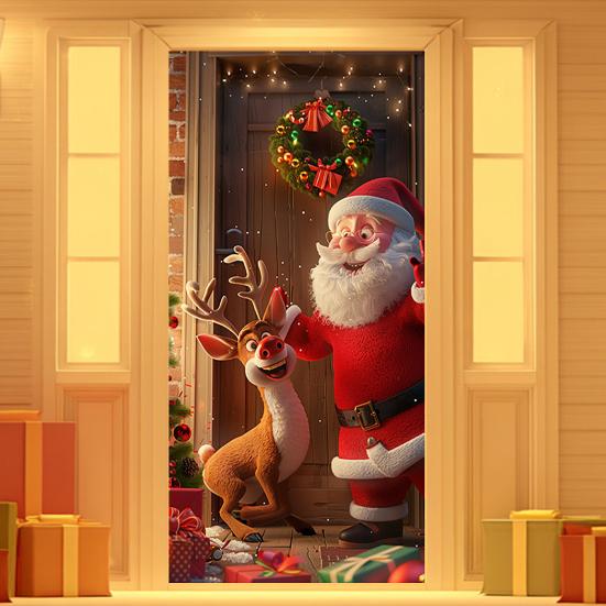 Christmas Door Cover Merry Christmas Backdrop Banner Outdoor Front Porch Door Sign for Holiday Door Wall Home Decor Photo Backgrounds