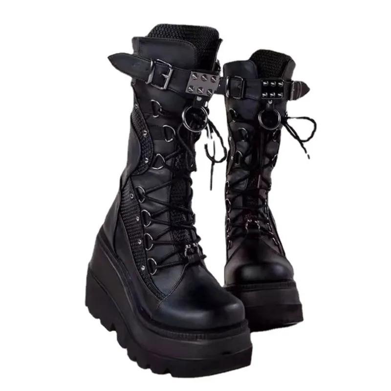 Women High Boots Cosplay Mid-Calf Boots High Platform Wedges Boots  Summer Autumn New Designer Gothic Shoes For Women Botas