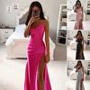 Lady Evening Dress Low-cut V Neck Sleeveless Spaghetti Strap Satin Pleated High Split Solid