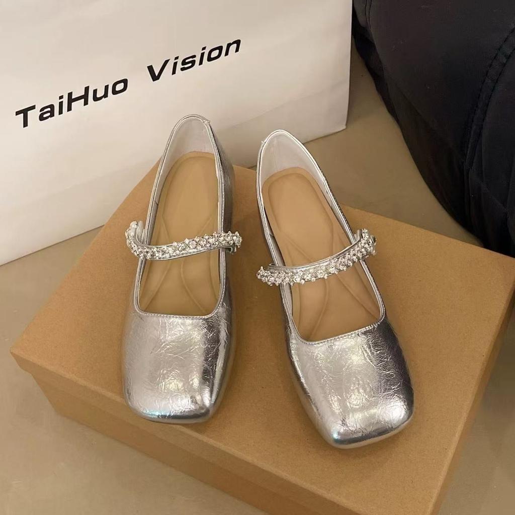 Mary Jane Women's Shoes New 2025 Popular Fashion Temperament Flat-bottomed Soft Leather Rhinestones Are Beautiful and Not Tired Feet