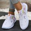 Flower Prints Knitted Flats for Women Plus Size Shiny Crystal Breathable Mesh Loafers Woman 2025 Autumn Slip-On Walking Shoes