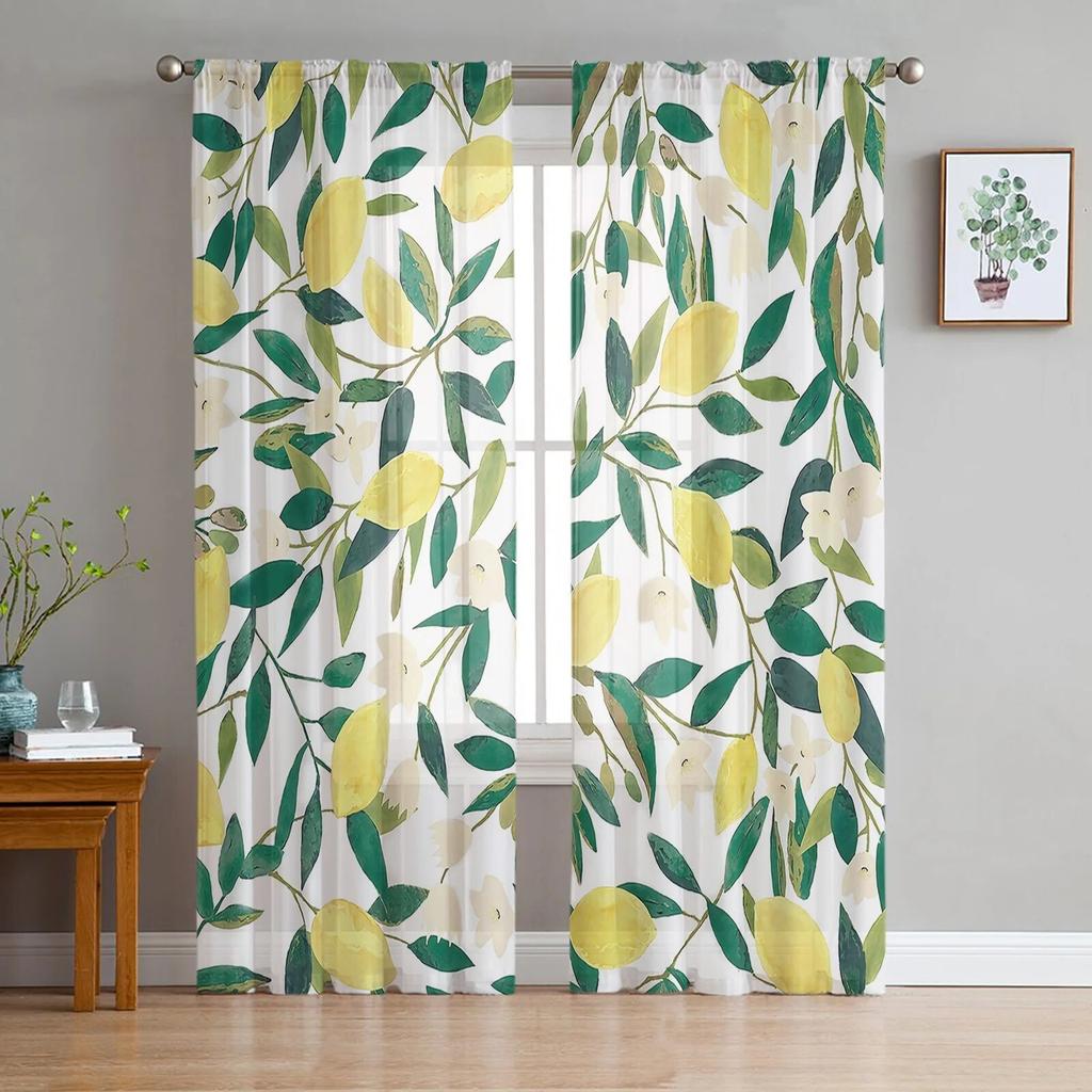 Lemon Foliage Flowers Yellow Gradient Bedroom Transparent Sheer Curtains Holiday Decoration Window Voile Tulle Curtain