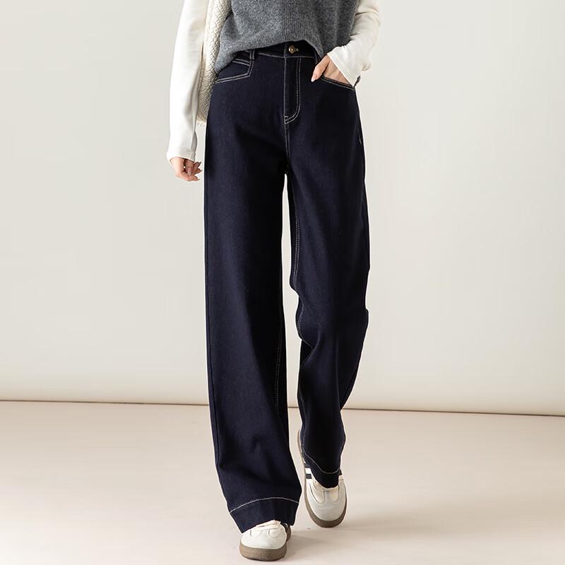 Vanzhen Women's Fleece-Lined High-Waist Straight Leg Jeans